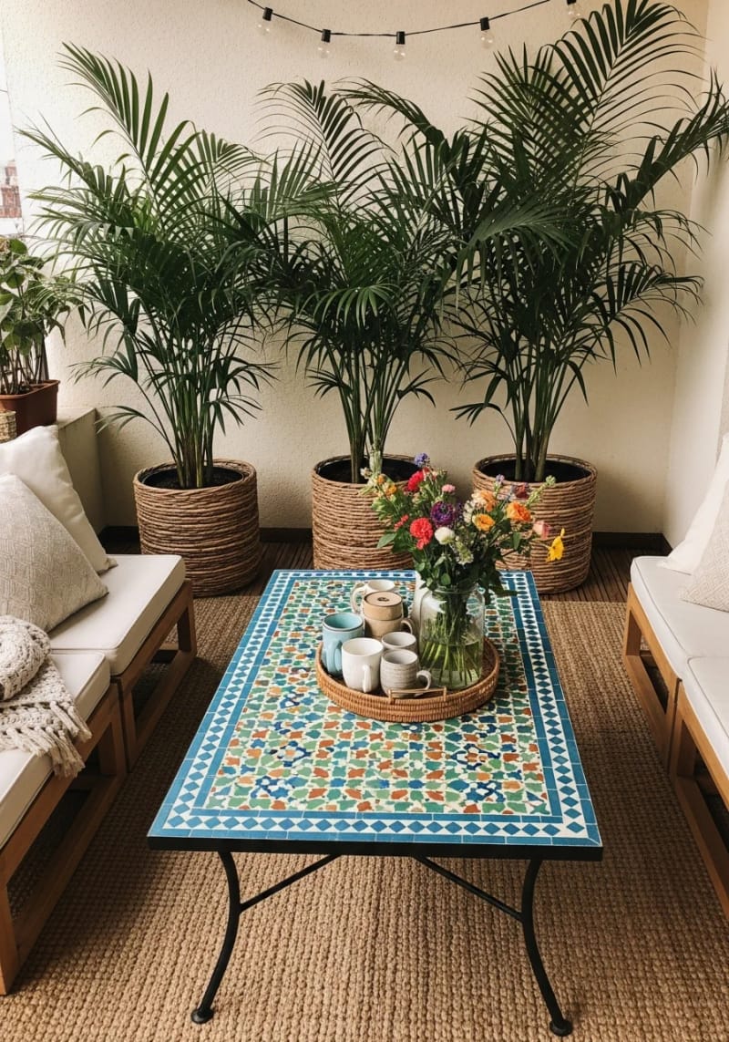 25 atemberaubende Balkondekorationsideen für moderne Räume 45 gefliester Mosaik -Couchtisch und üppige Handflächen 1