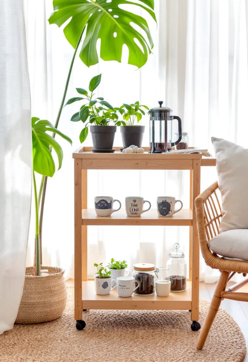 19 small conservatory ideas to open small rooms 21 Tiny Coffee Bar Nook with vintage cups and herbal planters 1