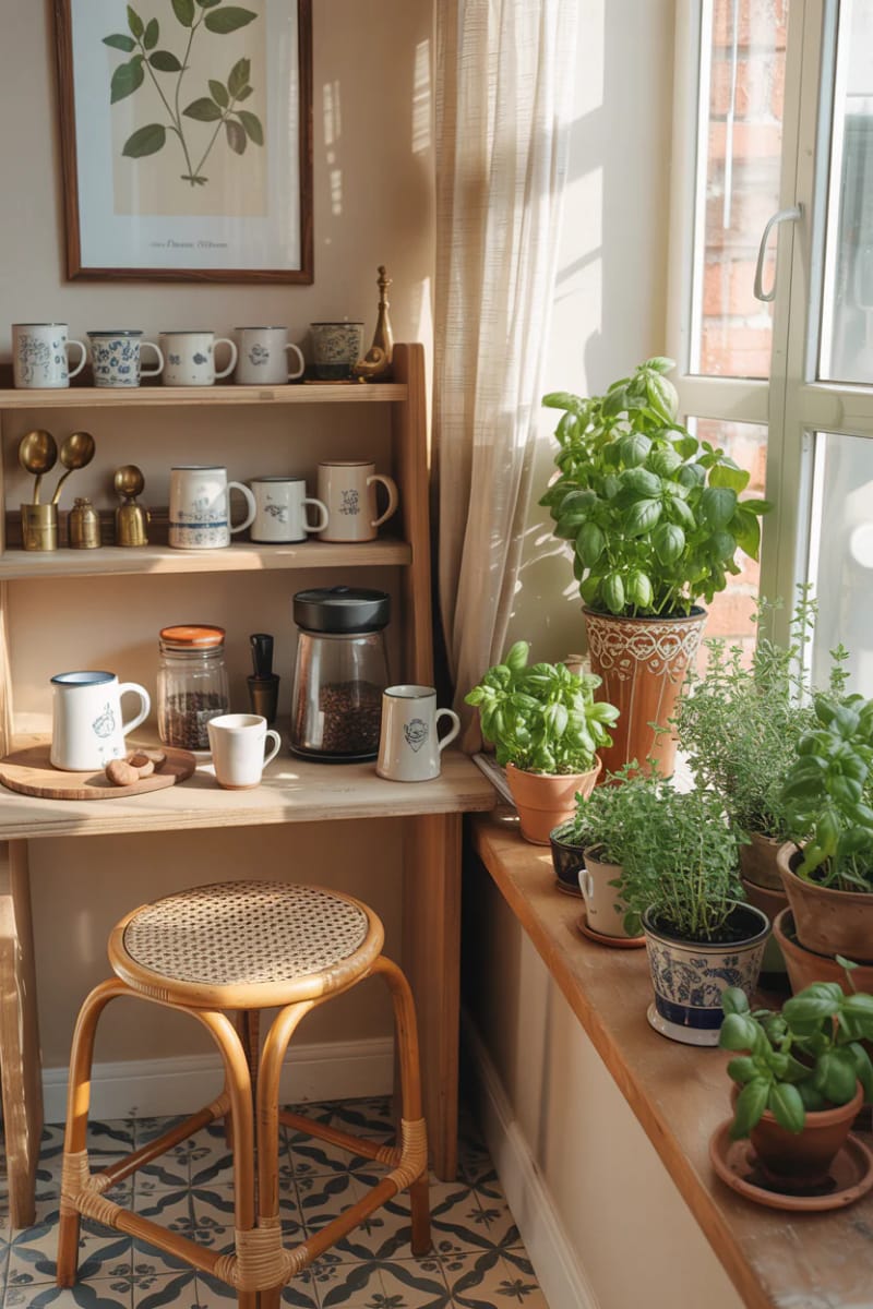 19 small conservatory ideas to open small rooms 22 Tiny Coffee Bar Nook with vintage cups and herbal planters 1