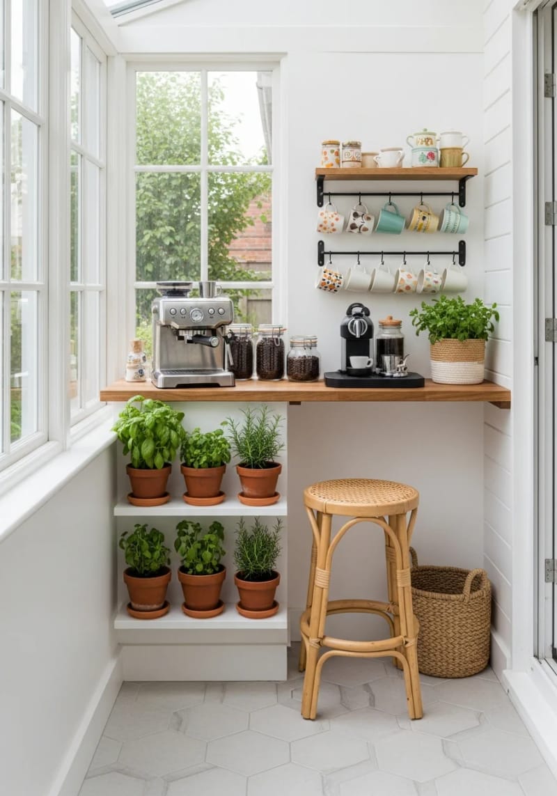 19 small conservatory ideas to open small rooms 23 Tiny Coffee Bar Nook with vintage cups and herbal planters 1