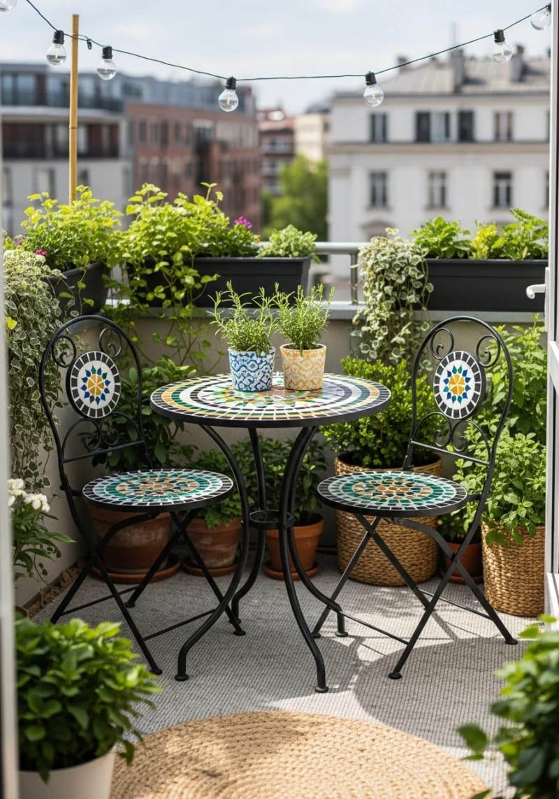 25 gemütliche kleine Balkondesign -Ideen, um Ihren Raum zu erhöhen 31 Tiny Mosaic-Flies-Bistro-Set für eine künstlerische Café-Ecke 1