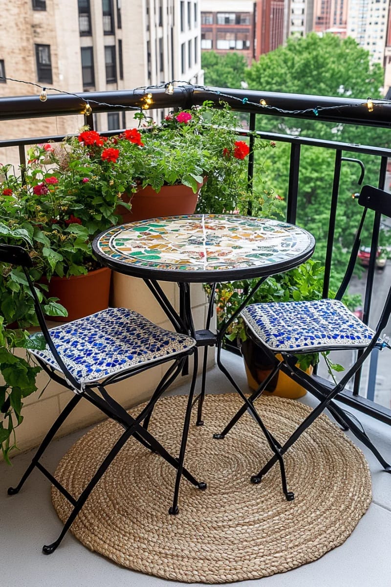 25 gemütliche kleine Balkondesign -Ideen, um Ihren Raum zu erhöhen 32 Tiny Mosaic-Flies-Bistro-Set für eine künstlerische Café-Ecke 1