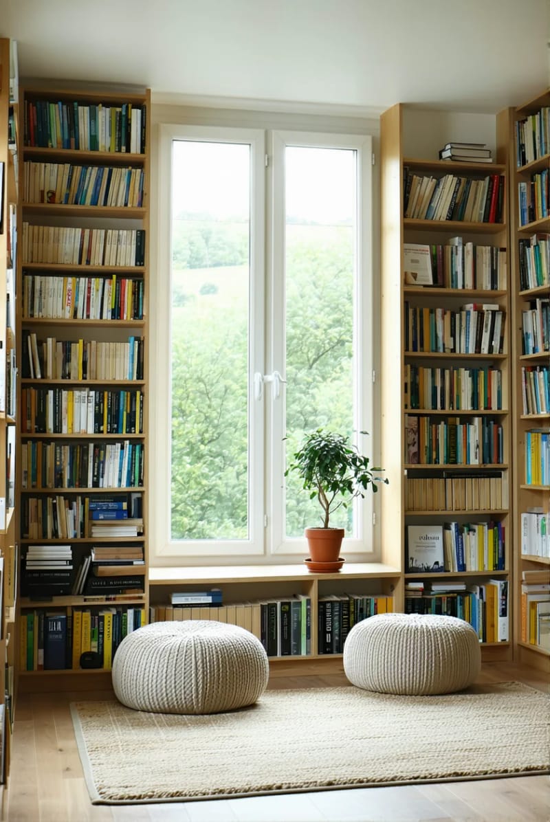 19 small conservatory ideas to open small rooms 49 Tiny Sunroom Library with bookshelves and Poufs 1 assembled on wall