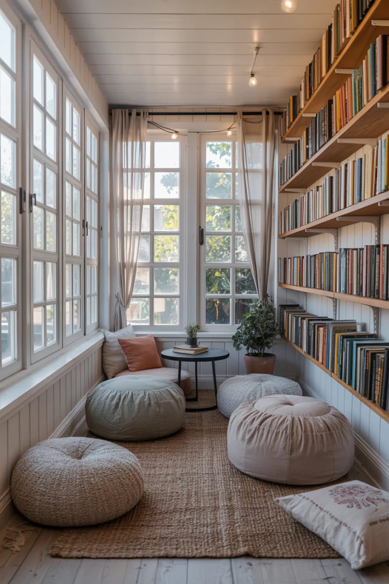 19 small conservatory ideas to illuminate small rooms 50 Tiny Sunroom Library with bookshelves and Poufs 1 assembled on wall