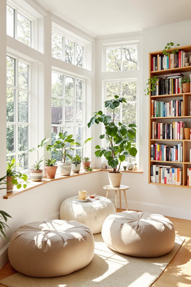 19 small conservatory ideas to lighten small rooms 51 Tiny Sunroom Library with bookshelves and Poufs 1 assembled on wall