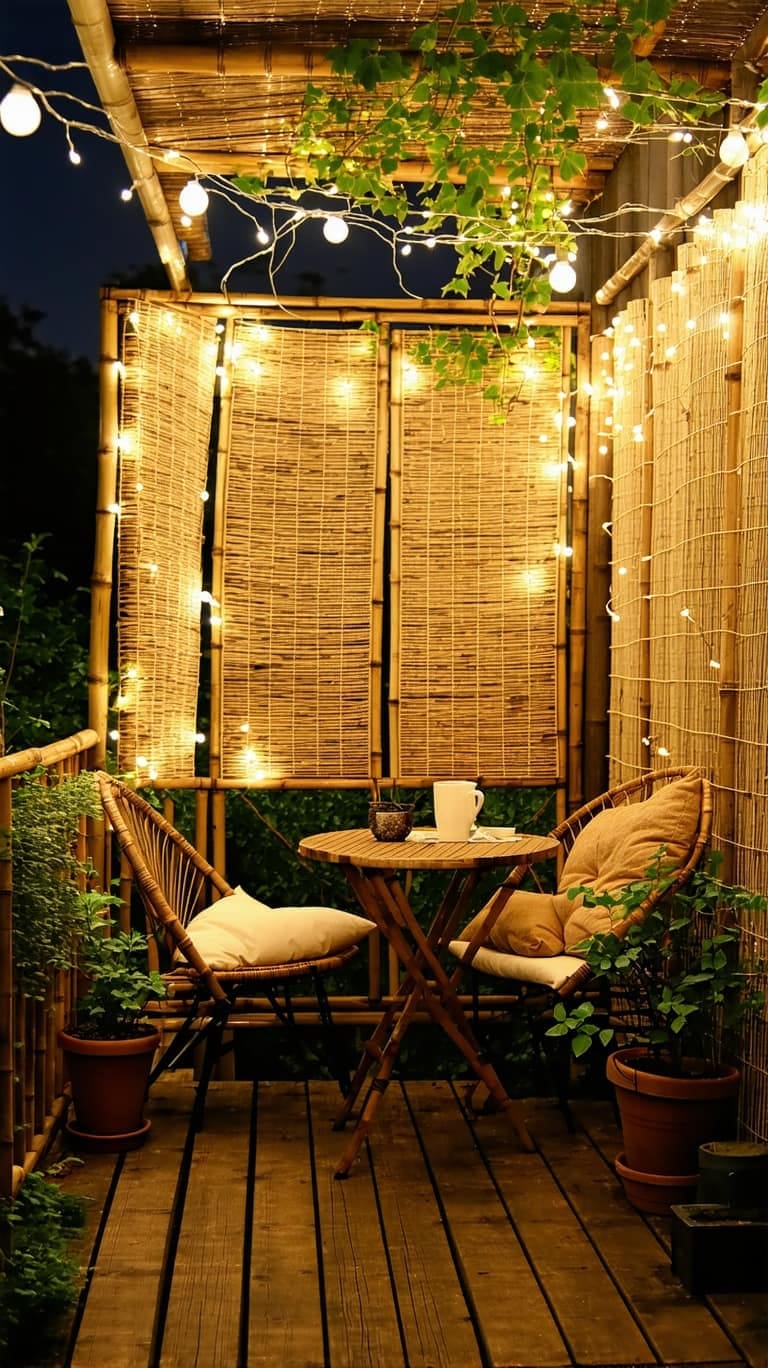 25 gemütliche kleine Balkondesign -Ideen, um Ihren Raum zu erhöhen 17 Funkelnde Feenlichter über Bambusbildschirme für nächtliche Ambiente 1
