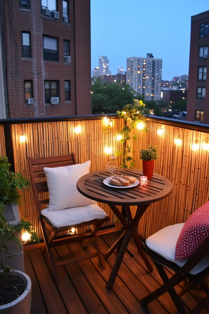 25 gemütliche kleine Balkondesign -Ideen, um Ihren Raum zu erhöhen 18 Funkelnde Feenlichter über Bambusbildschirme für nächtliche Ambiente 1
