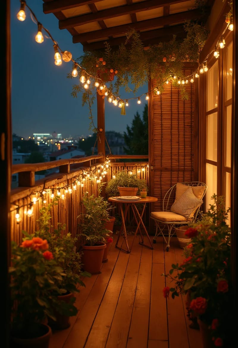 25 gemütliche kleine Balkondesign -Ideen, um Ihren Raum zu erhöhen 19 Funkelnde Feenlichter über Bambusbildschirme für nächtliche Ambiente 1