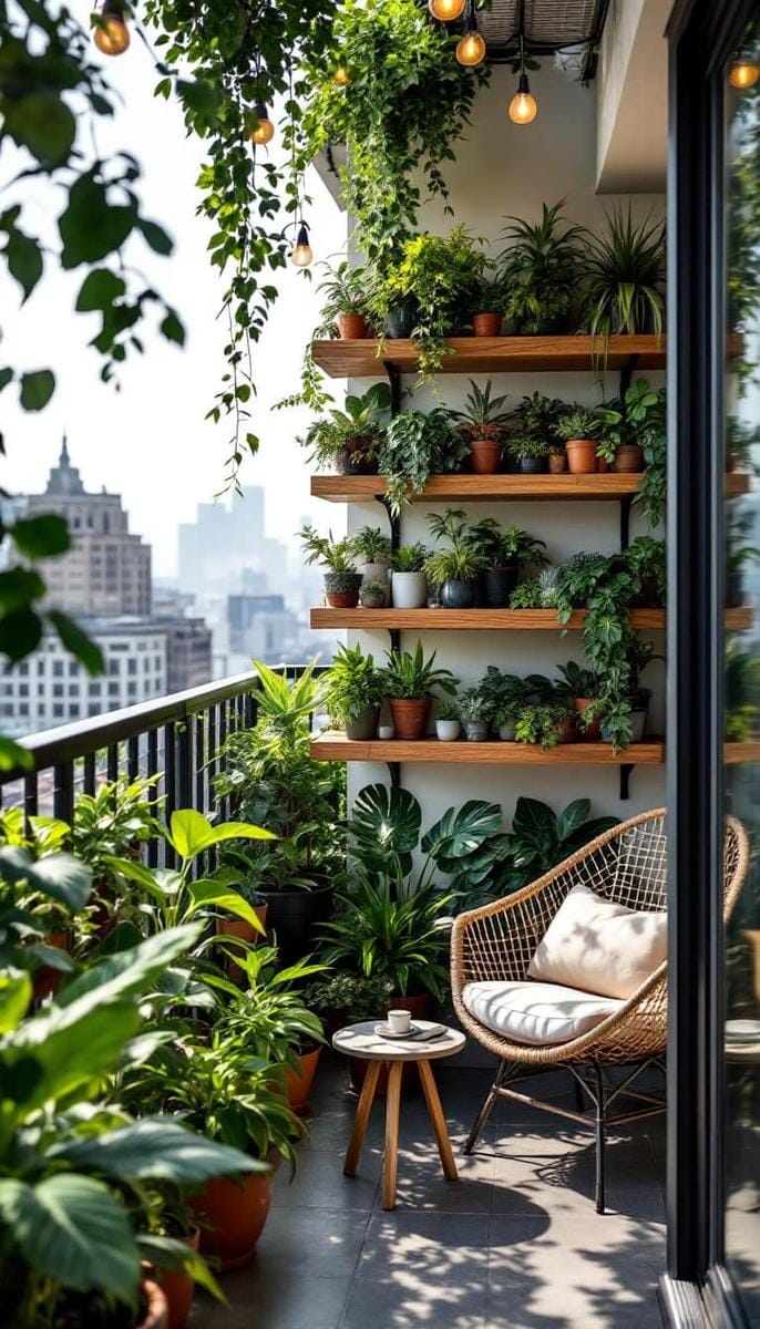 21 stylish apartment balcony this season 12 urban jungle balcony with tiered shelves for succulents and tropical plants 1