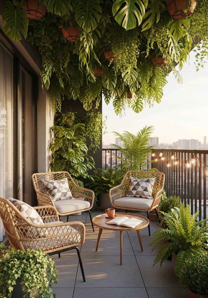 15 unique balcony with hanging plants for urban rooms 19 Urban jungle balcony with Monstera and Philodendron Overhead 1