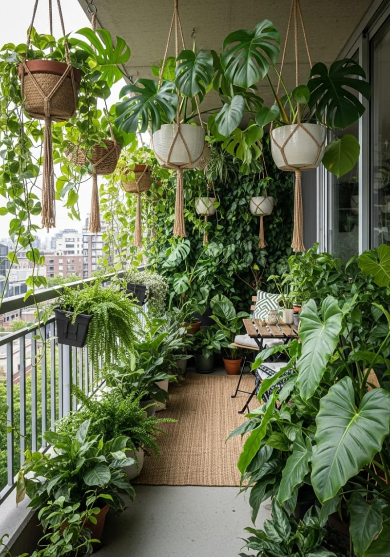 15 unique balcony with hanging plants for urban rooms 20 Urban jungle balcony with Monstera and Philodendron Overhead 1