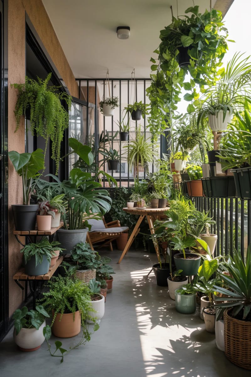 25 atemberaubende Balkondekorationsideen für moderne Räume 57 Urban Dschungelgefühl mit Mischhöhen Balkon Blumentöpfe 1
