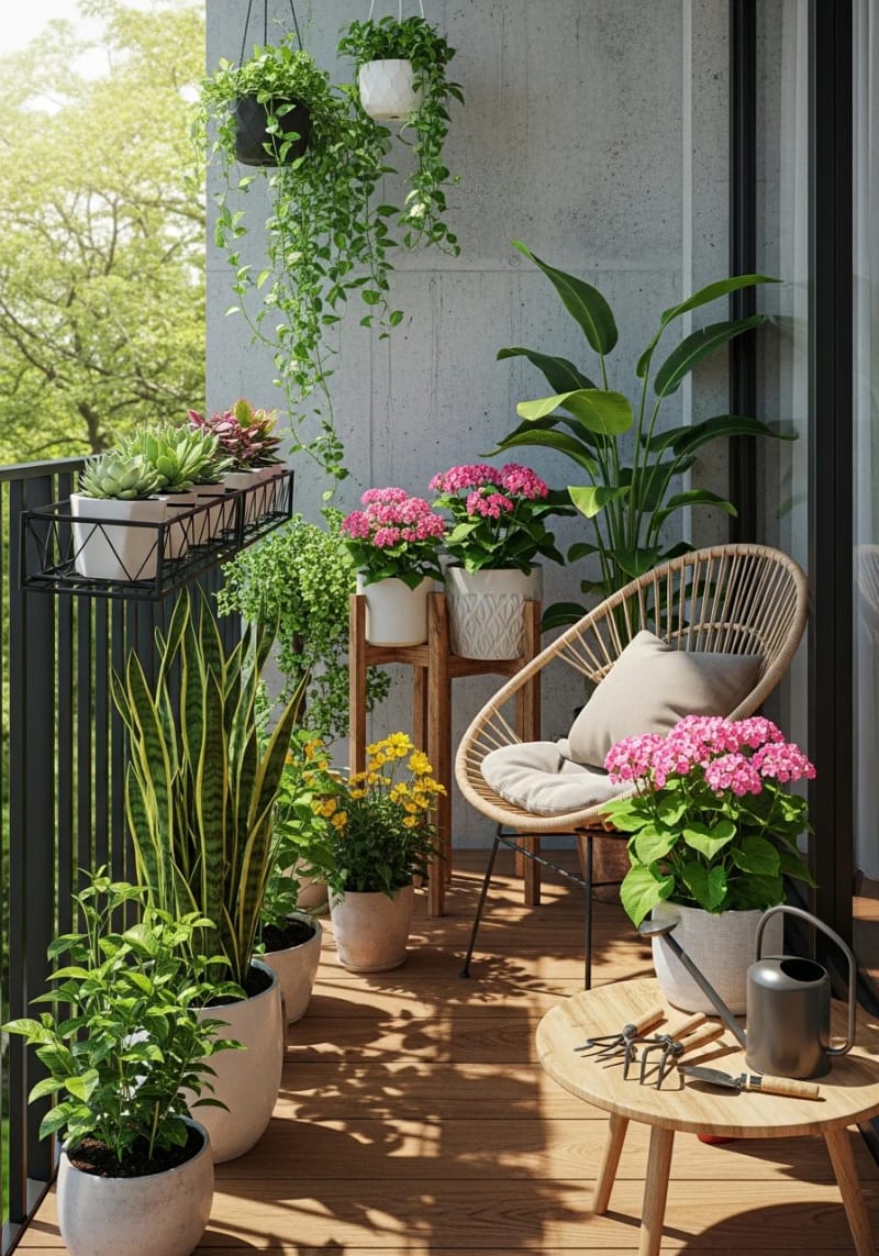 25 atemberaubende Balkondekorationsideen für moderne Räume 58 Urban Dschungelgefühl mit Mischhöhen Balkon Blumentöpfe 1