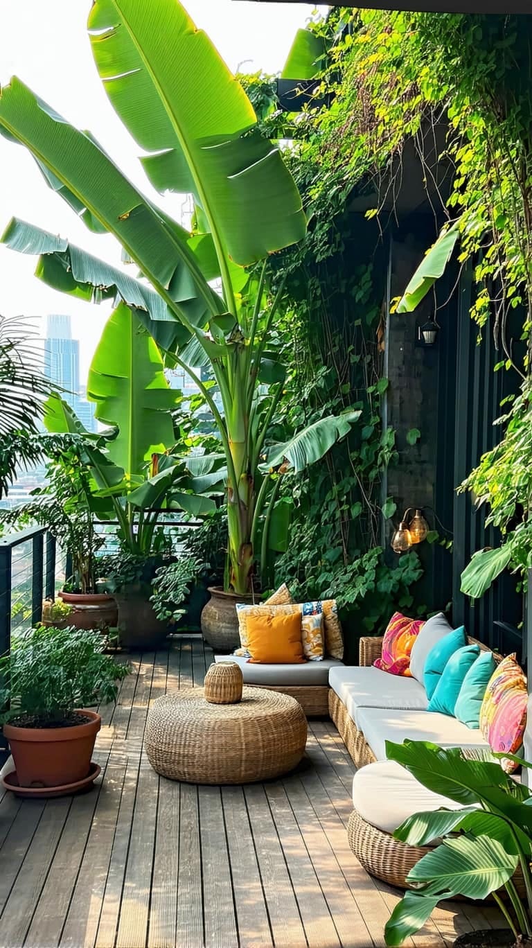 25 Unique Terrace Garden Ideas to Elevate Your Outdoor Space 37 urban jungle terrace with oversized tropical plants and banana leaves 1