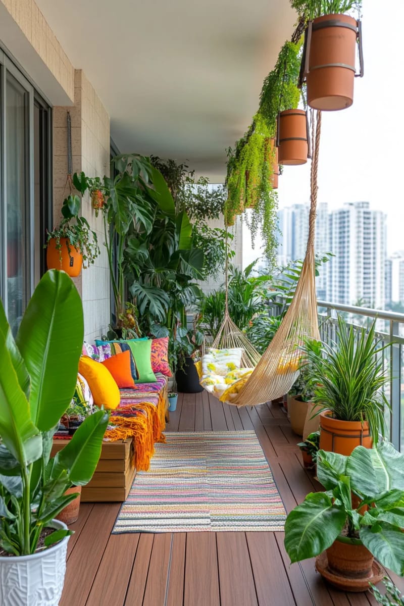 25 Unique Terrace Garden Ideas to Elevate Your Outdoor Space 39 urban jungle terrace with oversized tropical plants and banana leaves 1