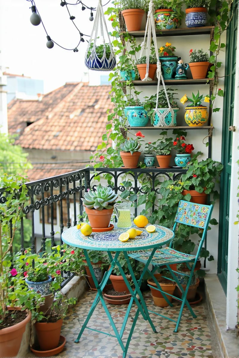 19 breathtaking urban garden balcony for a stylish outdoor area 13 Use colorfully painted pots for a bizarre little balcony garden 1