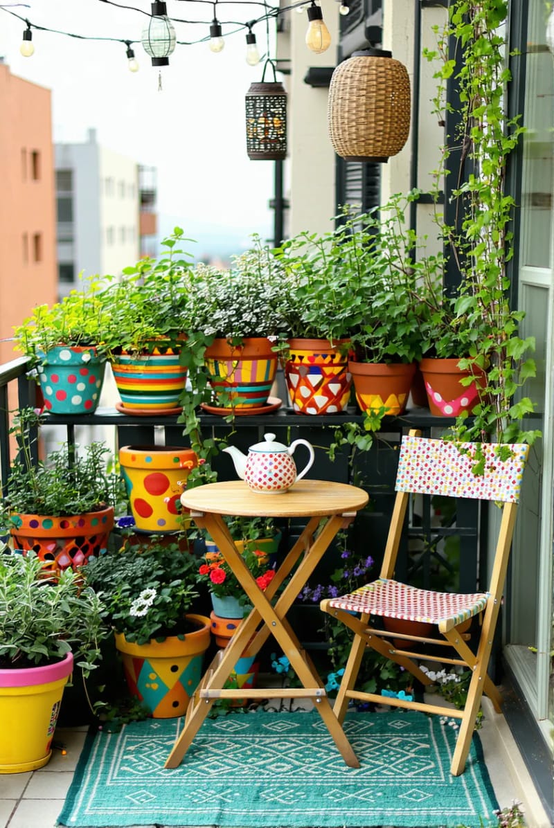 19 breathtaking urban garden balcony for a stylish outdoor area 14 14 Use colorfully painted pots for a bizarre little balcony garden 1