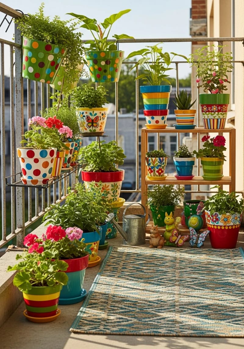 19 breathtaking urban garden balcony for a stylish outdoor area 15 15 Use colorfully painted pots for a bizarre little balcony garden 1