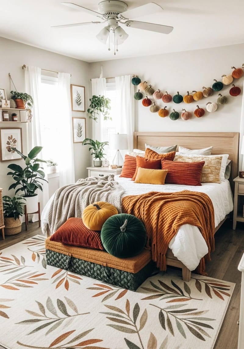 21 Cozy autumn bedroom decoration ideas to try this autumn 3 Velvet pumpkin garlands over the headboard 1 drapes 1