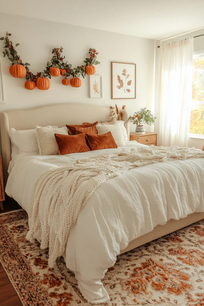 21 Cozy autumn bedroom decoration ideas to try this autumn 4 Velvet pumpkin garlands over the headboard 1 drapes 1