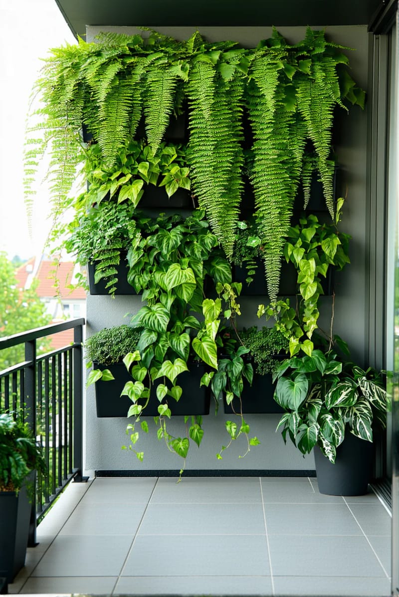 15 unique balcony with hanging plants for urban rooms 6 Vertical garden wall with cascading ferns and sequence of Pothos 1