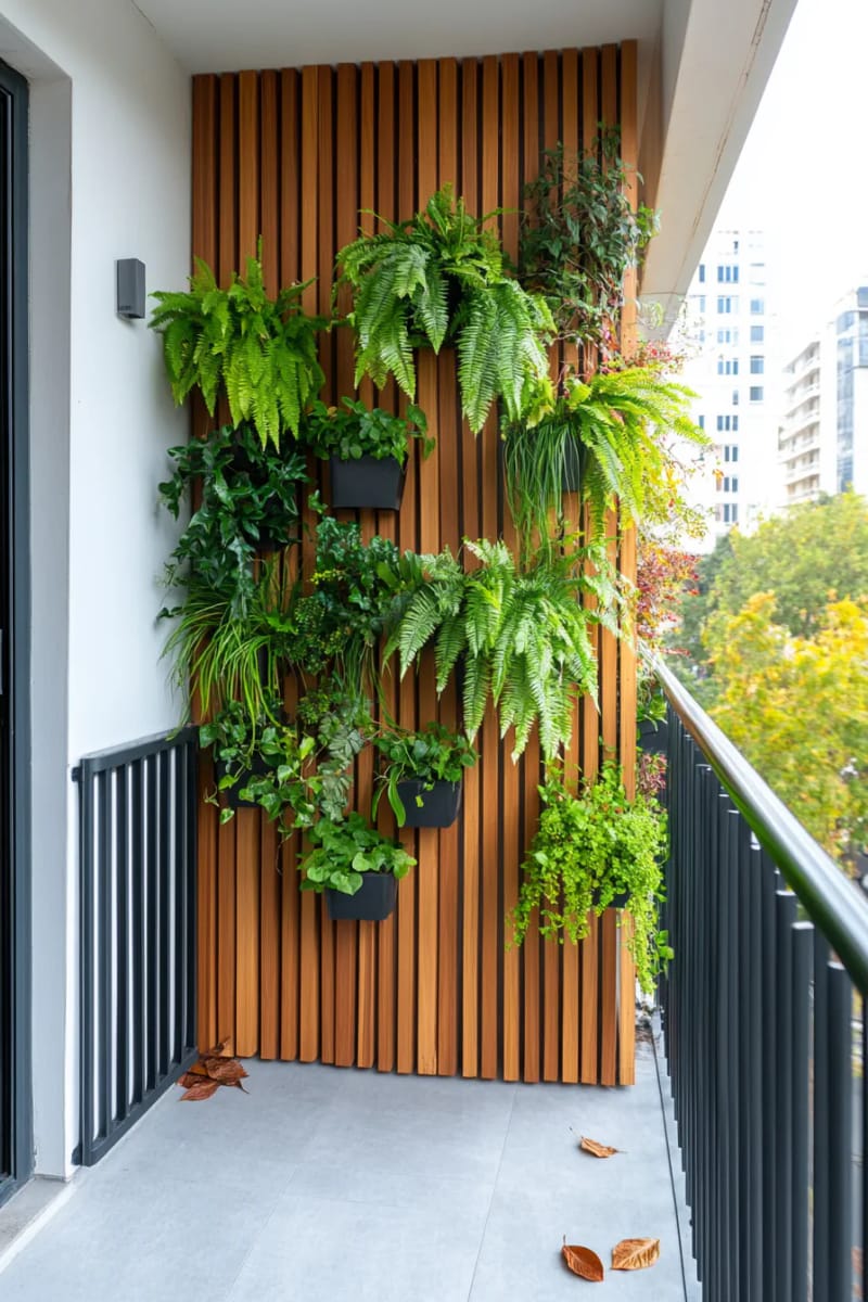 15 unique balcony with hanging plants for urban rooms 7 Vertical garden wall with cascading ferns and sequence of Pothos 1