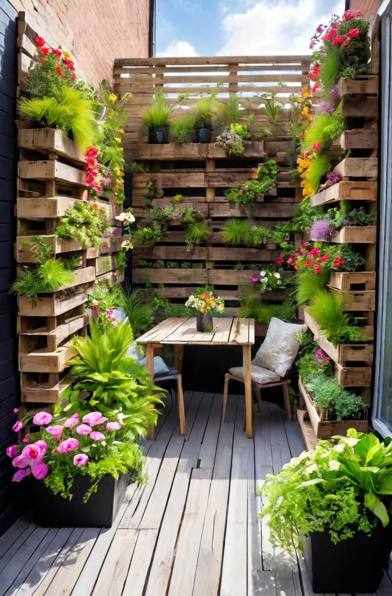 25 Unique Terrace Garden Ideas to Elevate Your Outdoor Space 16 vertical garden wall using recycled wooden pallets and trailing flowers 1
