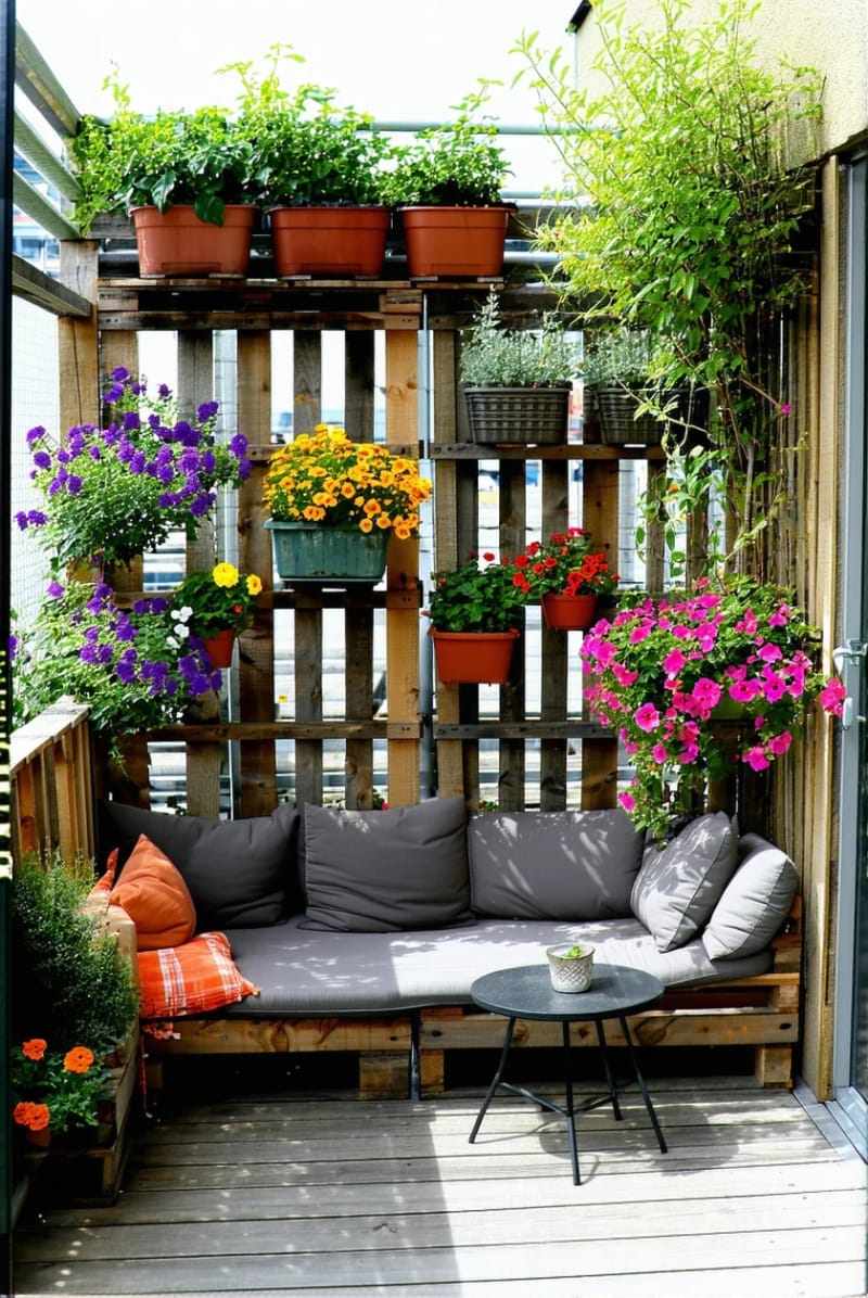 25 Unique Terrace Garden Ideas to Elevate Your Outdoor Space 17 vertical garden wall using recycled wooden pallets and trailing flowers 1
