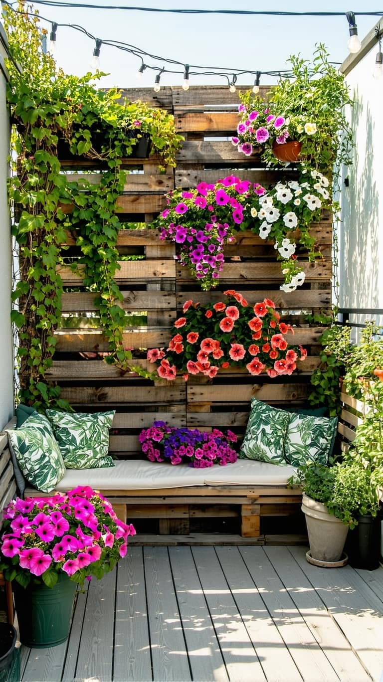25 Unique Terrace Garden Ideas to Elevate Your Outdoor Space 18 vertical garden wall using recycled wooden pallets and trailing flowers 1