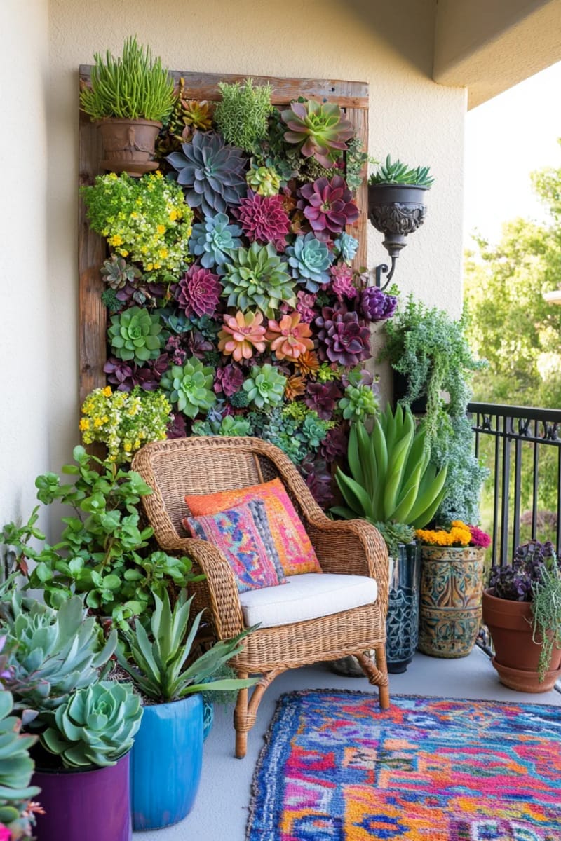 25 gemütliche kleine Balkondesign -Ideen, um Ihren Raum zu erhöhen 7 vertikale saftige Gartenwand mit recycelten Holzpaletten 1