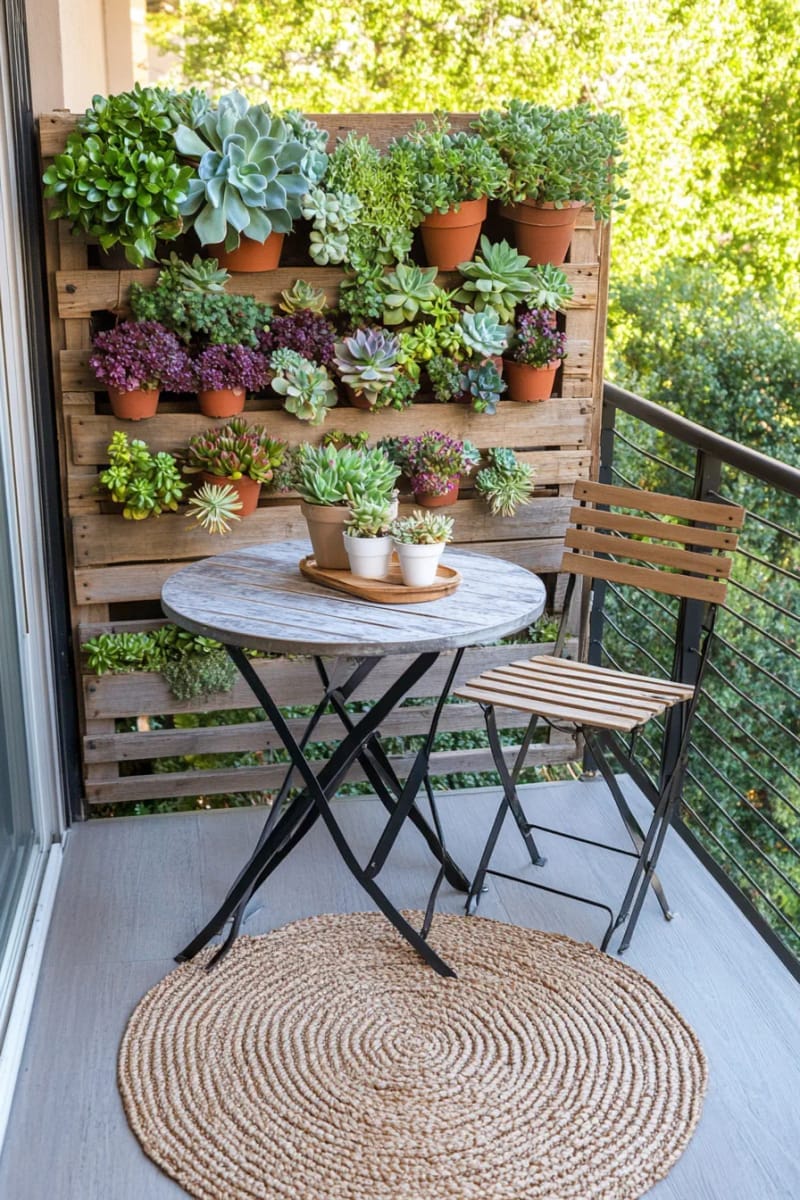 25 gemütliche kleine Balkondesign -Ideen, um Ihren Raum zu erhöhen 8 vertikale saftige Gartenwand mit recycelten Holzpaletten 1