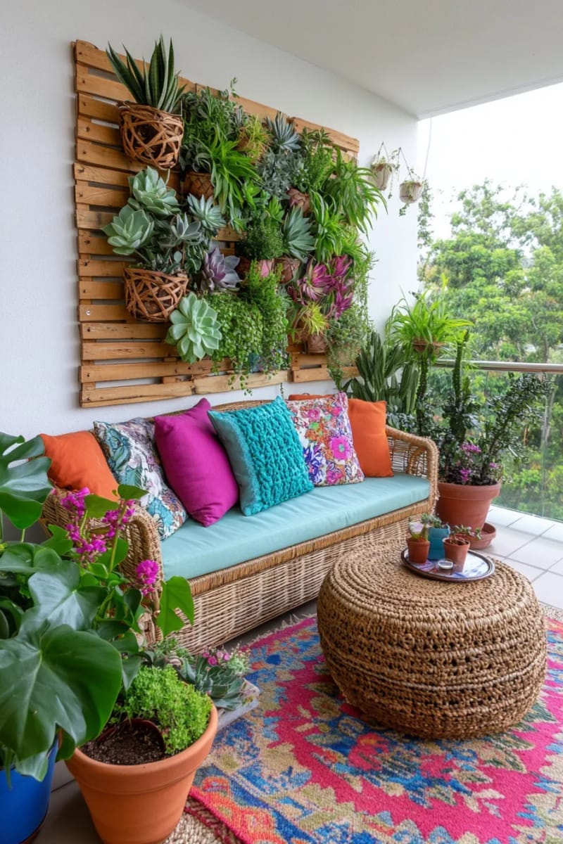 25 gemütliche kleine Balkondesign -Ideen, um Ihren Raum zu erhöhen 9 vertikale saftige Gartenwand mit recycelten Holzpaletten 1