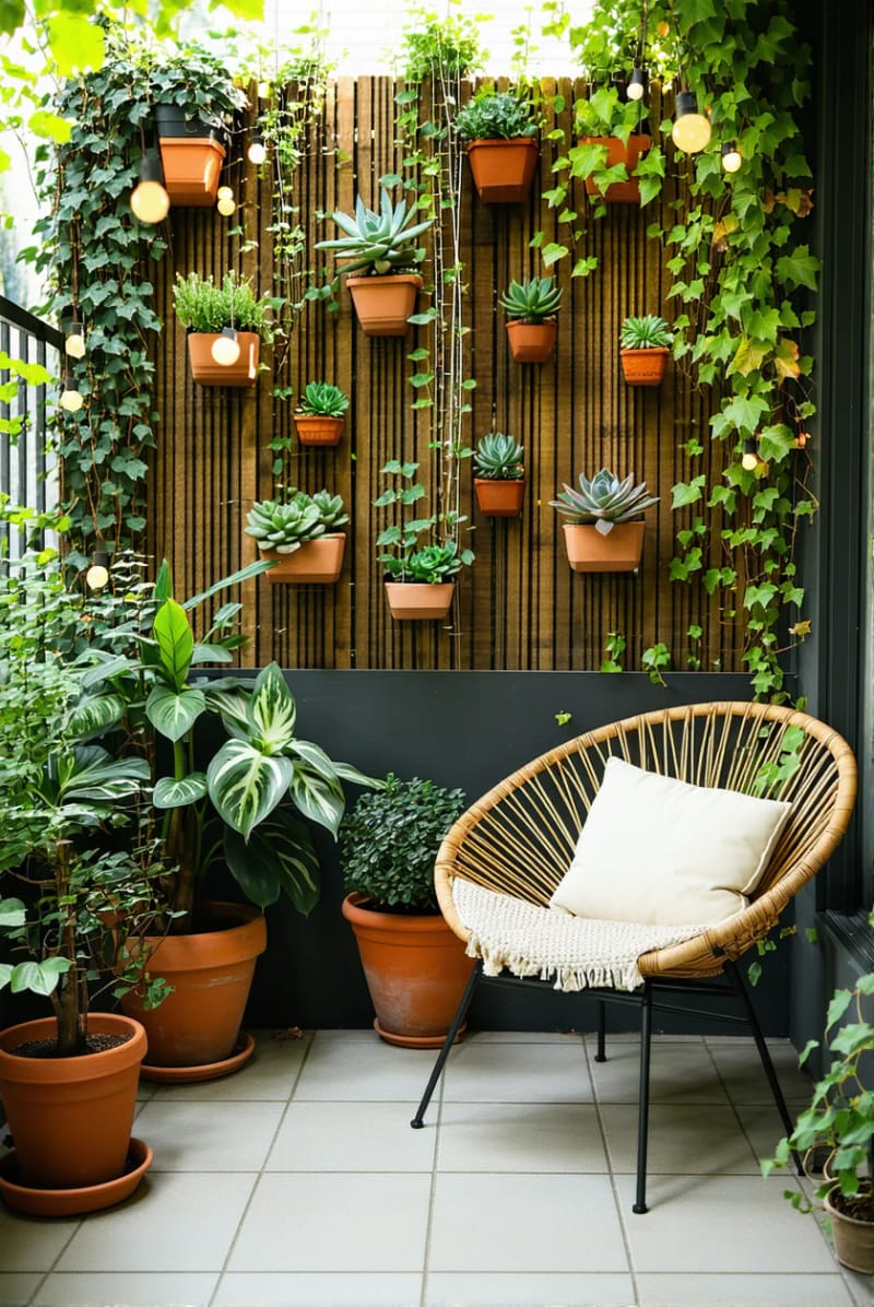 25 atemberaubende Balkondekorationsideen für moderne Räume 11 vertikaler Wandgarten mit ablaufenden Reben und Sukkulenten 1
