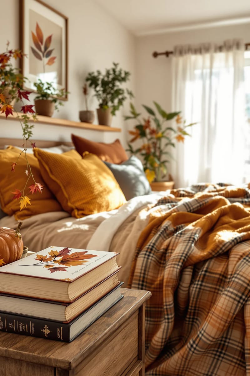 21 Cozy autumn bedroom decoration ideas to try 27 this autumn Vintage books with pressed leaves between pages 1 stacked