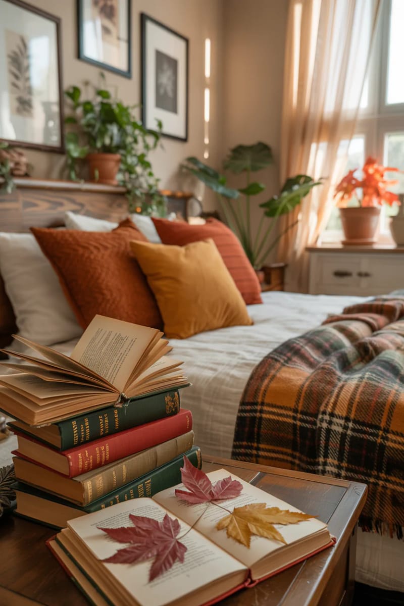 21 Cozy autumn bedroom decoration ideas for trying on 28.28 Vintage books with pressed leaves between pages 1 stacked