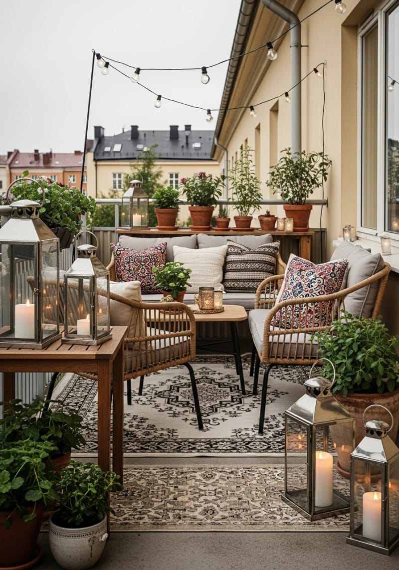 25 atemberaubende Balkondekorationsideen für moderne Räume 9 Vintage -Laternen gepaart mit gemusterten Außenteppichen 1