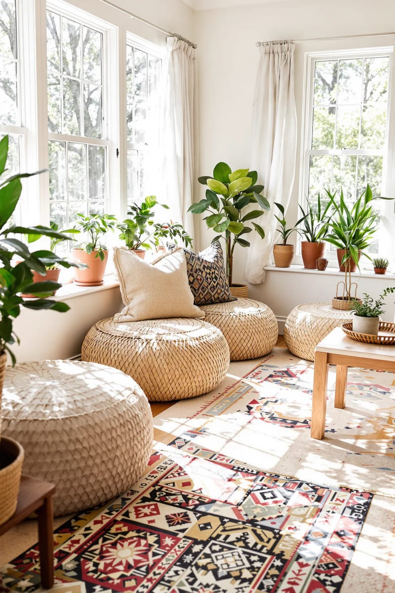 19 small conservatory ideas to lighten small rooms 15 Warm boho carpet paired with woven poufs for relaxed lazy 1