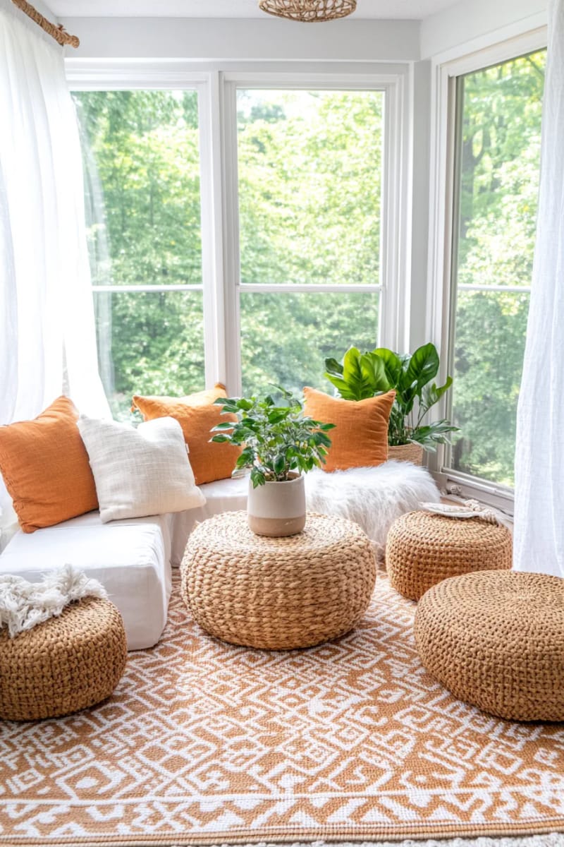 19 small conservatory ideas to open small rooms 16 Warm boho carpet paired with woven poufs for relaxed lazy 1