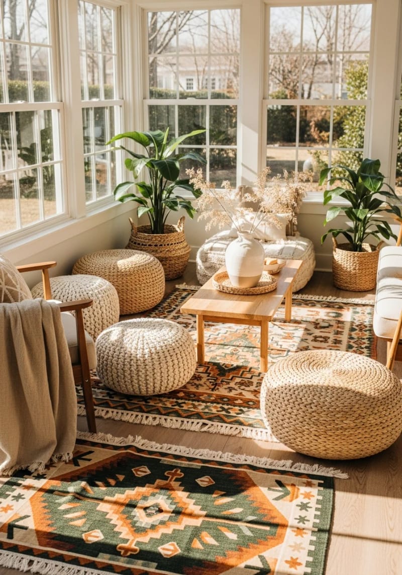 19 small conservatory ideas to open small rooms 17 Warm boho carpet paired with woven poufs for relaxed lazy 1