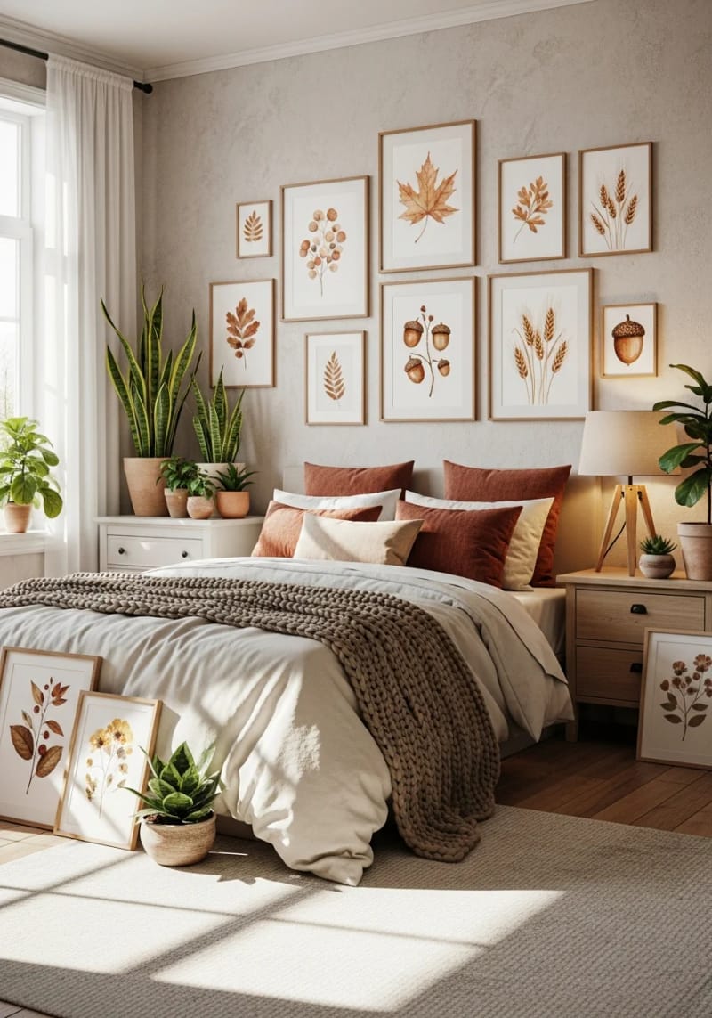21 Cozy autumn bedroom decoration ideas to try this autumn 38 Watercolor -Print gallery with autumn botanicals 1