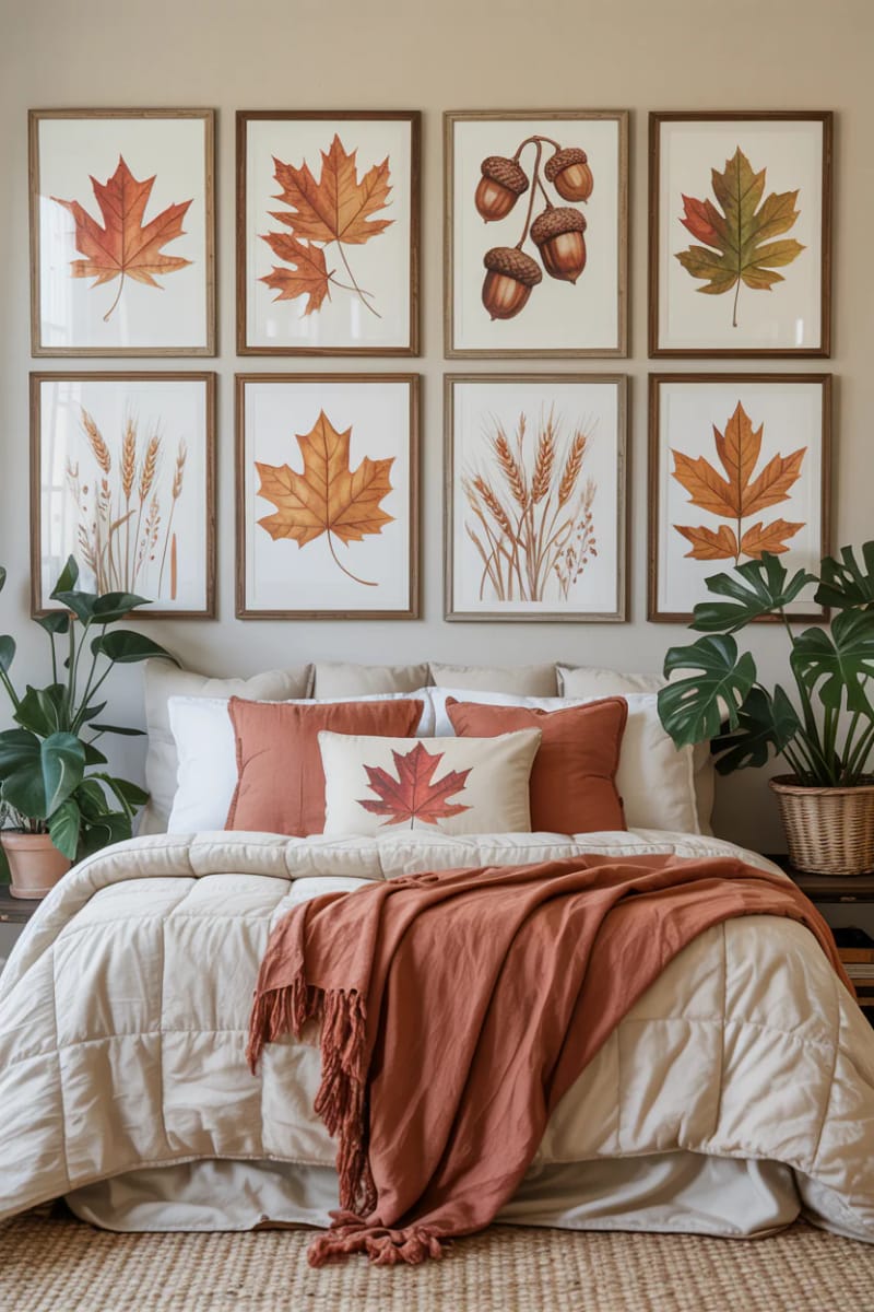 21 Cozy autumn bedroom decoration ideas for autumn 39 Watercolor -Print gallery with autumn botanicals 1