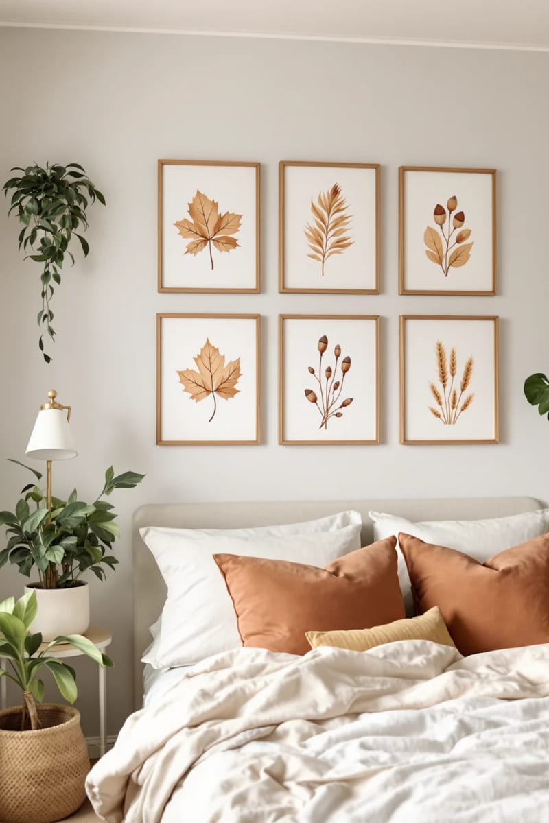 21 Cozy autumn bedroom decoration ideas for autumn 40 Watercolor -Print gallery with autumn botanicals 1