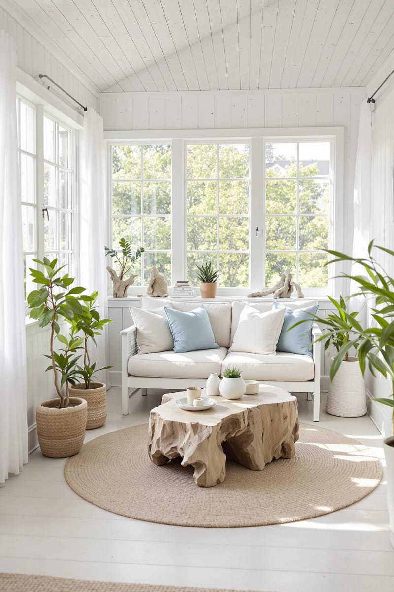 19 small conservatory ideas to open small rooms 18 White whipped walls and driftwood accents for an airy coastal mood 1