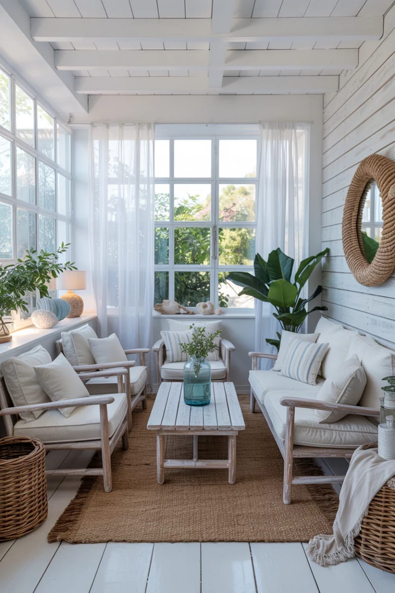 19 small conservatory ideas to open small rooms 19 White whipped walls and driftwood accents for an airy coastal mood 1