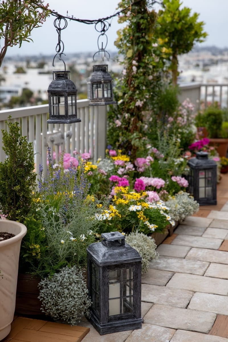 25 Unique Terrace Garden Ideas to Elevate Your Outdoor Space 29 wildflower meadow terrace with pollinator-friendly blooms and vintage lanterns 1