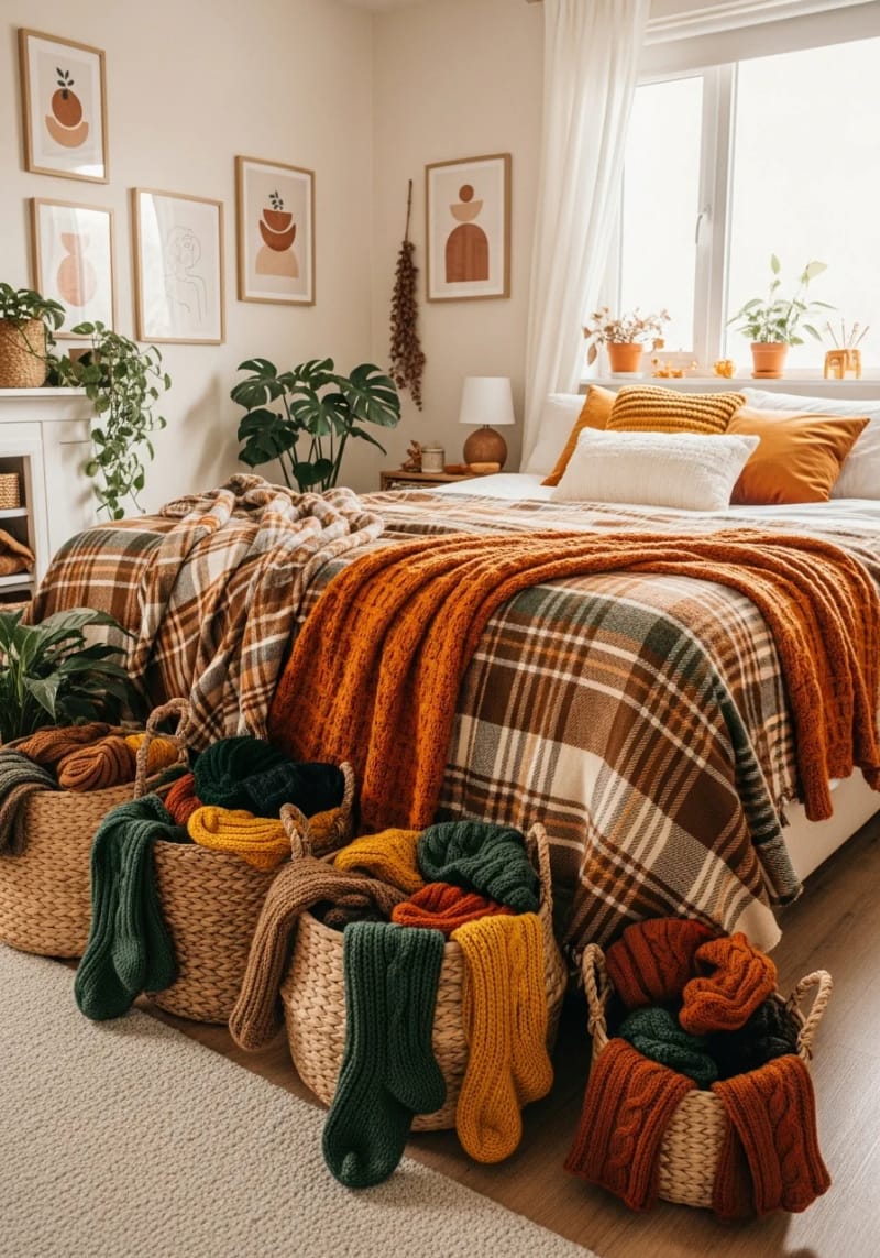 21 Cozy autumn bedroom decoration ideas to try this autumn 33 Woven baskets filled with cozy knitting socks 1