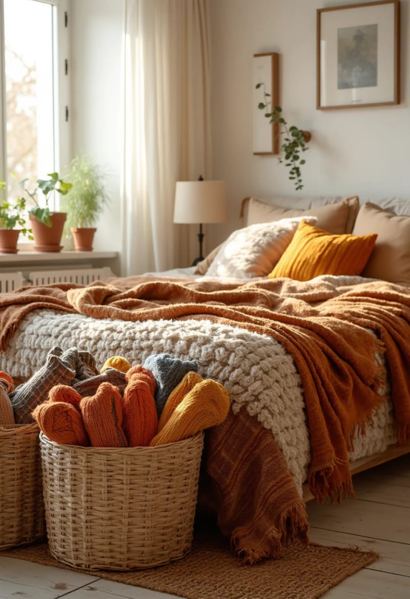 21 Cozy autumn bedroom decoration ideas for autumn 34 Woven baskets filled with cozy knitting socks 1