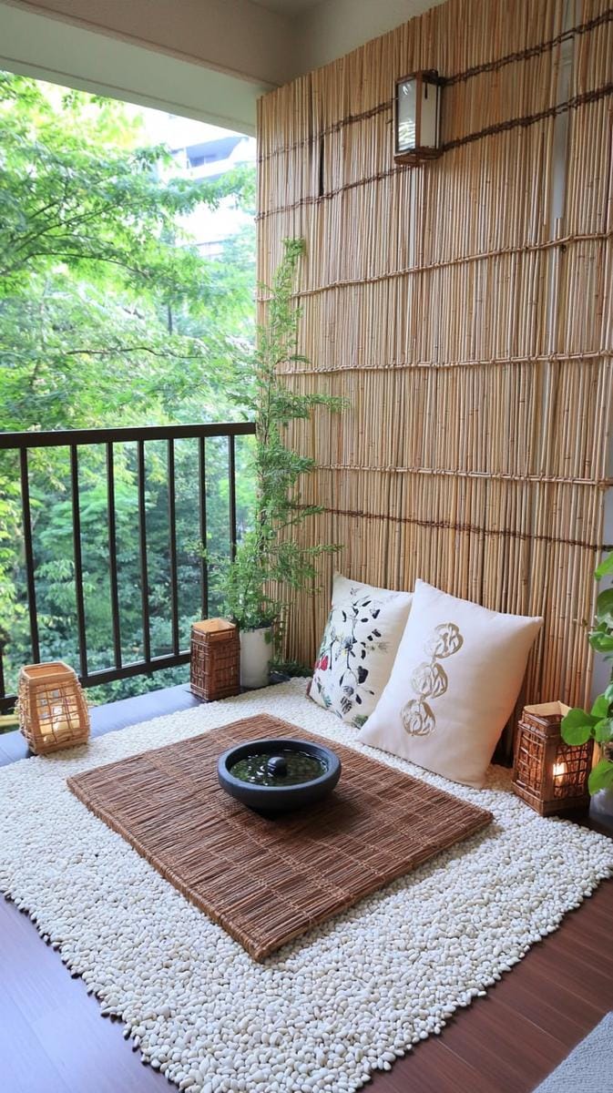 21 stylish apartment balcony this season 25 Zen meditation corner with bamboo screens, pebbles and a table fountain 1