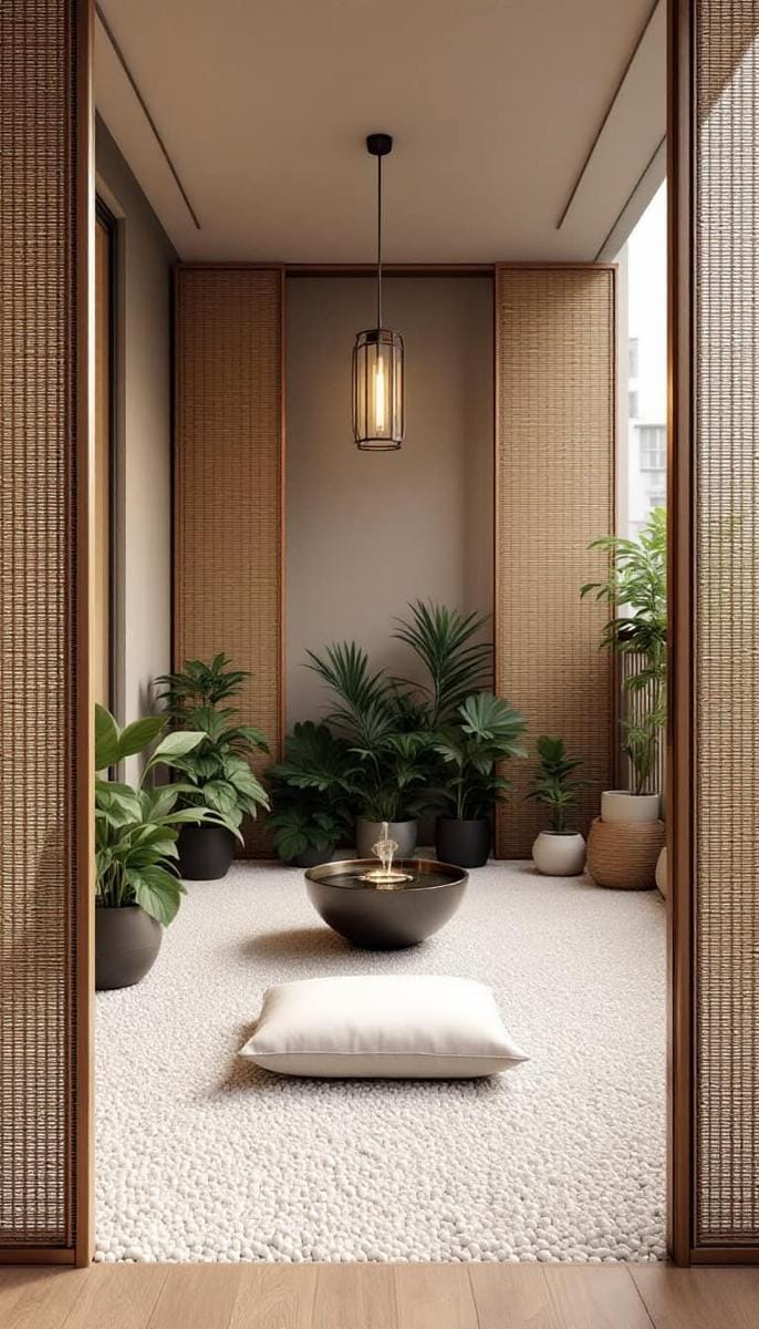 21 stylish apartment balcony this season 26 Zen meditation corner with bamboo screens, pebbles and a table fountain 1