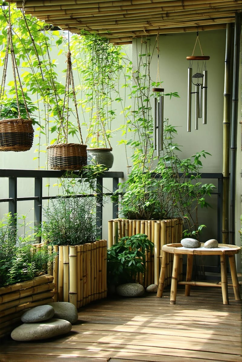 15 unique balcony with hanging plants for urban rooms 32 Zen retreat with bamboo planters and wind players 1